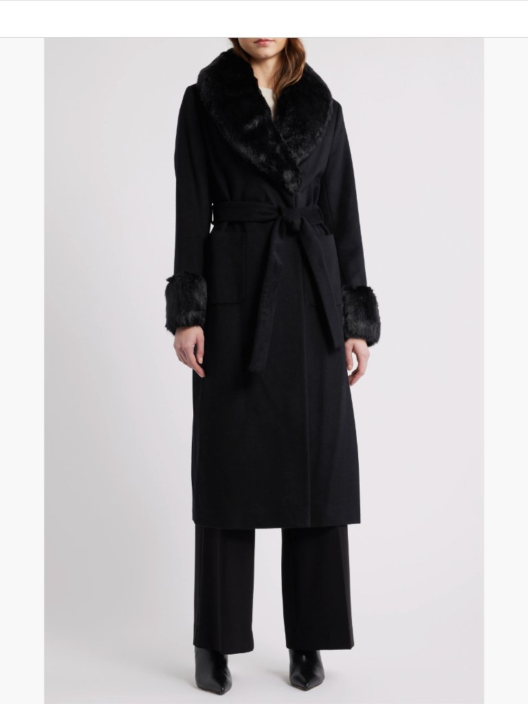 Via Spiga Wool Blend Coat With Faux Fur Trim Black (Xs)